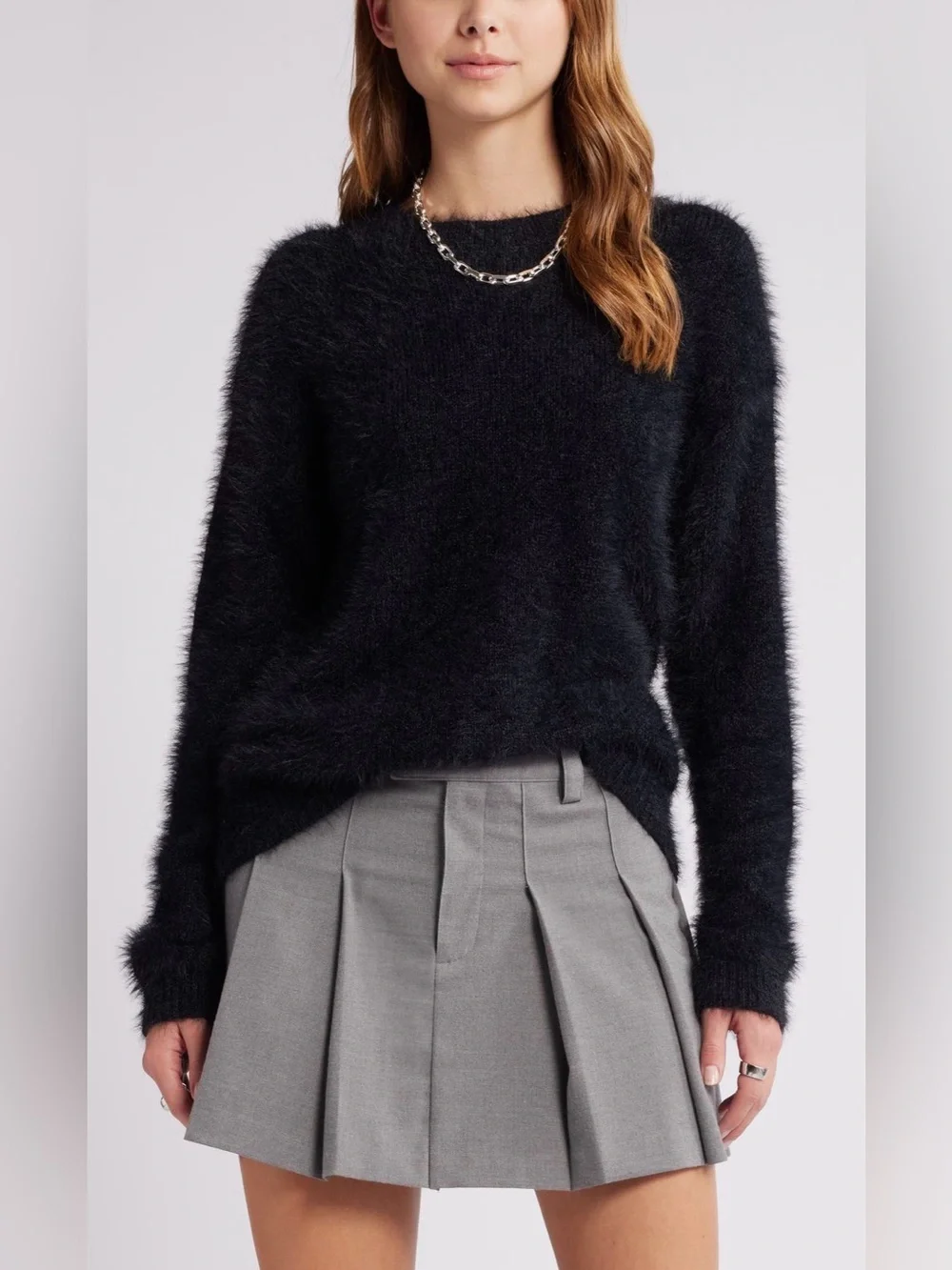 Open Edit Boyfriend Sweater Fuzzy in black